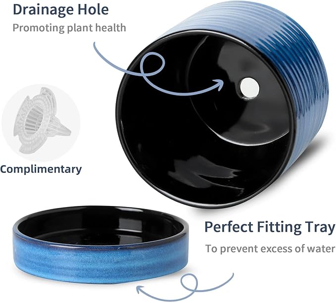 Hasense Ceramic Plant Pots Indoor Outdoor, 6 Inch Pot for Plants with Drainage Hole and Saucer, Blue Modern Planter for Housewarming