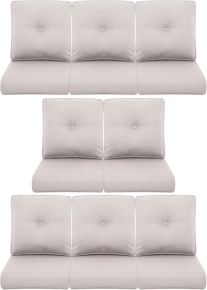 8-Piece Outdoor Patio Cushion Set - Fade & Water Resistant with Removable Olefin Cover, 22x24x4 Inch Memory Foam Cushions for Wicker Sectional Sofa – Beige/Buckle