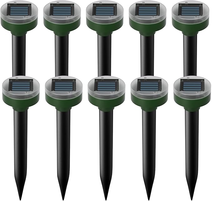 Mole Repellent 10 Pieces,Solar Powered Mouse Repellent Waterproof Rodent Gopher Repellent,360° Mouse Control Outdoor Mole Repeller for Garden Yard & Patio,Green