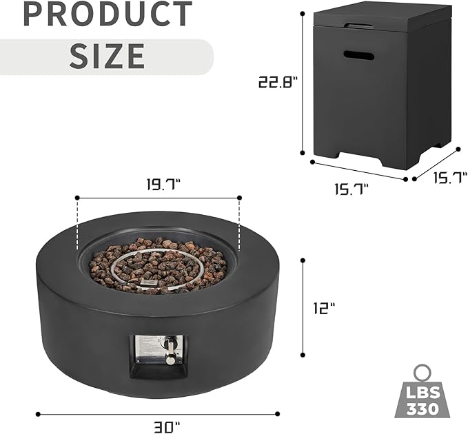 ECOTOUGE 2-Piece Gas Fire Pit, Outdoor Propane Firepit Table Set w/Tank Cover, 30''Auto-Ignition Round Steel Fire Table, 50,000 BTU Concrete fire Pit w/Weather-Resistant Pit Cover, Lava Rocks, Black