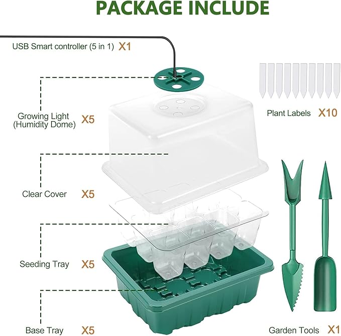 Seed Starter Tray 5 Packs Seedling Starter Trays with Grow Light 8 LEDs, Timer, Dimmable, Seed Starting Trays Kit with Humidity Dome (60 Cells) Indoor Gardening Plant Germination Tray