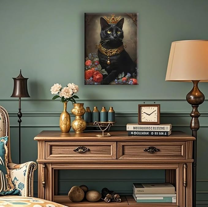 Jatinoo Gothic Halloween Decor - Black Cat Framed Canvas Art Print, Witchy Moody Wall Decor for Living Room, Goth Home Accessories, 11.5x15 Inch Vintage Style
