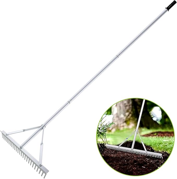 24 Inch Aluminum Landscape Rake, Garden Rake, Heavy Duty Rakes for Lawns, Metal Rake for Gardening, Loosening Soil, Lawn Care, Lake and Beach