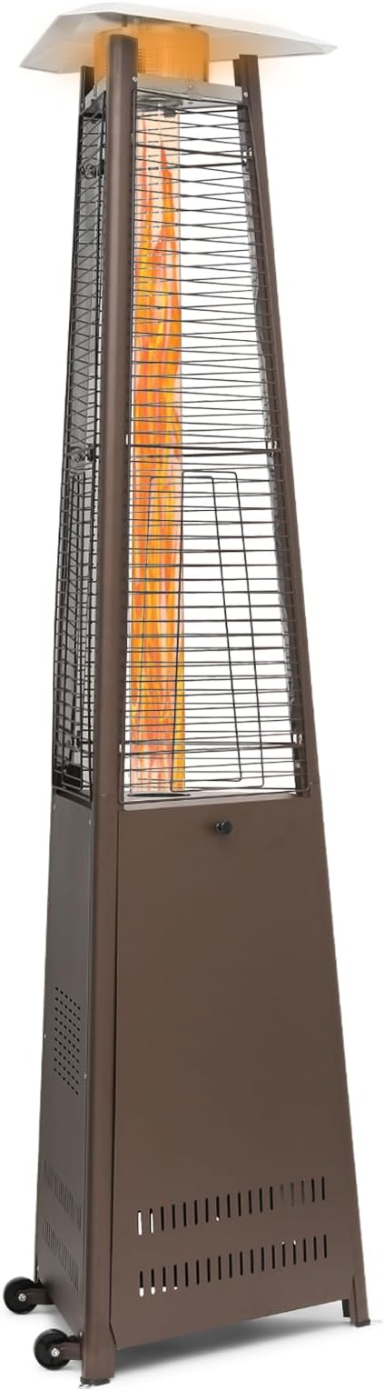 MoNiBloom 42000 BTU Propane Pyramid Patio Heater with Wheels and Glass Tube Flame Burner Outdoor Patio Heater for Commercial Use, Residential, Garden, Backyard, Porch, Deck, Balcony (Coffee Brown)