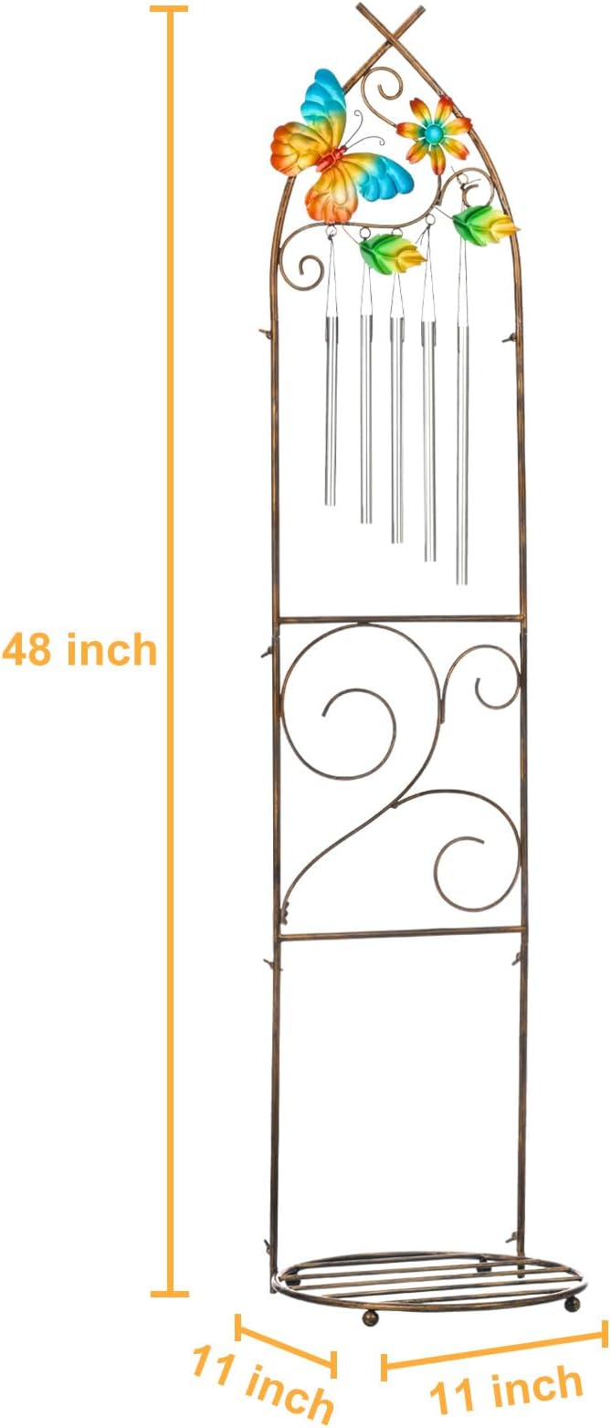 Garden Trellis with Plant Stands, 48” Metal Detachable Butterfly Plant Pot Trellis with Wind Chimes for Climbing Plants Outdoor Lawn Patio Porches Decor