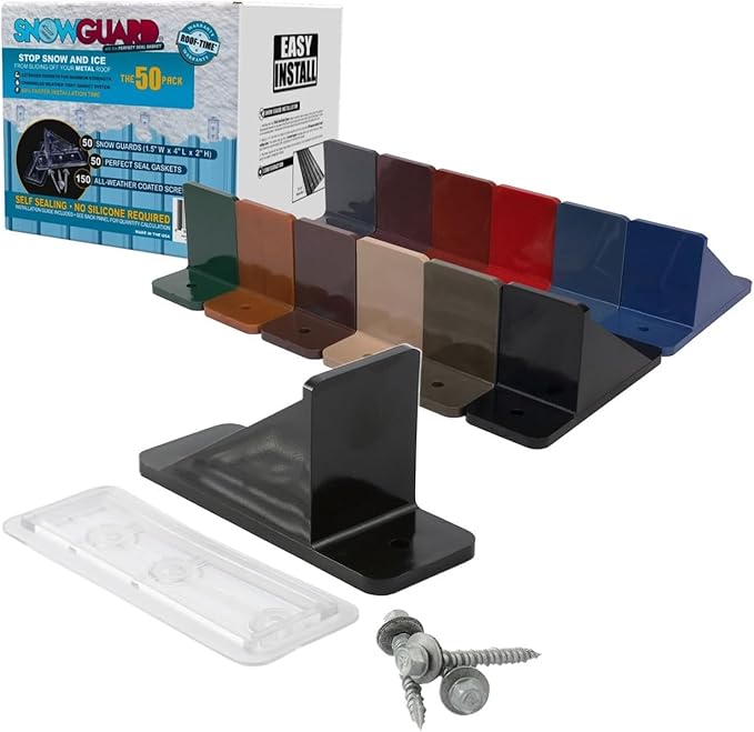 Color 50 Qty Commercial Bulk Pack (Snow Guards, Perfect Seal Gaskets & Screws) - Stop Snow from Sliding Off Your Metal Roof Snow Guard Block Stops Breaks (Black)