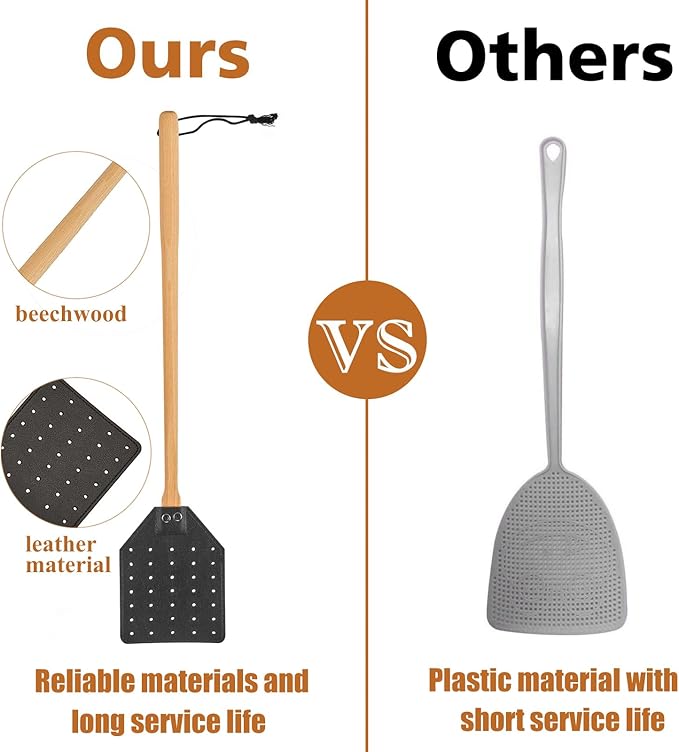 Heavy Duty Leather Fly Swatter, Long Handle Fly Swatter with Beech Wood Handle 19.7" Length, Flyswatter for Indoor and Outdoor (Black)