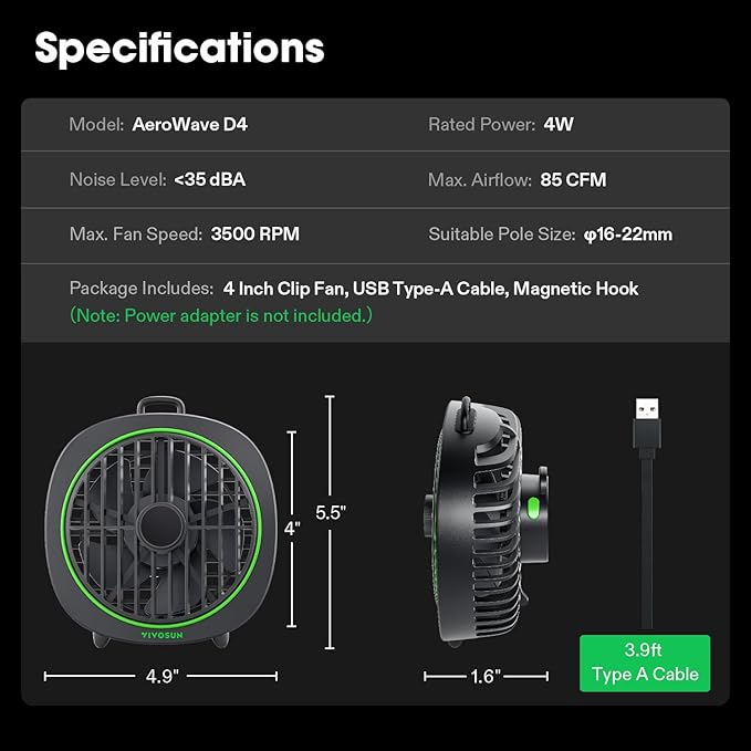 VIVOSUN AeroWave D4, 4” Grow Tent Clip Fan with Detachable Hook, 3-Speed Strong & Quiet Airflow, Adjustable Airflow Angle for Hydroponics, Circulation & Cooling, Black, 2-Pack