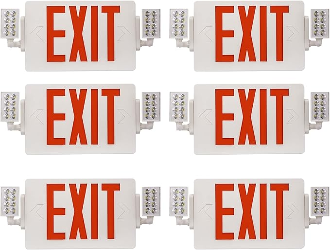 6 Packs Led Red Exit Signwith Emergency Light Combo with Battery Backup-Two Adjustable Head Emergency Exit Lights/ABS Fire Resistance 120-277VAC-Double Face Exit Sign for Business/Home.
