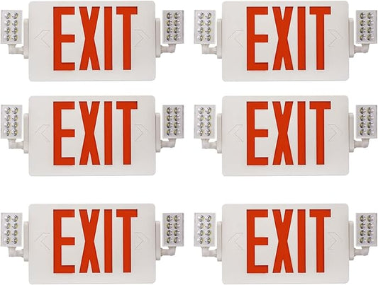 6 Packs Led Red Exit Signwith Emergency Light Combo with Battery Backup-Two Adjustable Head Emergency Exit Lights/ABS Fire Resistance 120-277VAC-Double Face Exit Sign for Business/Home.