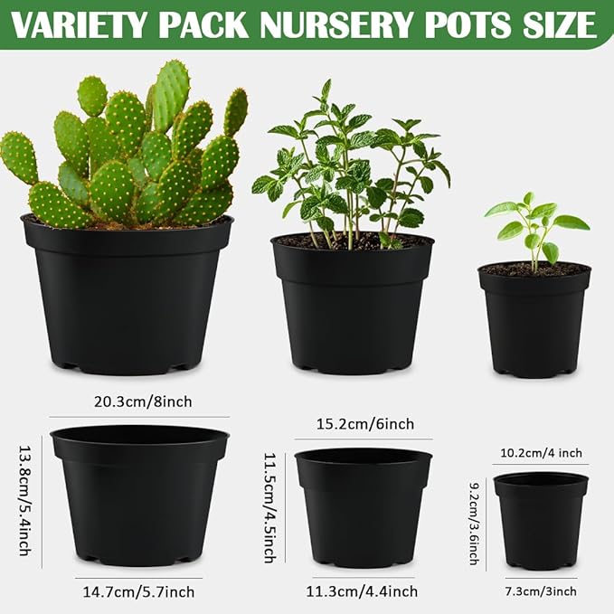4/6/8 Inch Black Plant Nursery Pots, 15 Pack, Thickened Plastic with Drainage Holes, Indoor/Outdoor