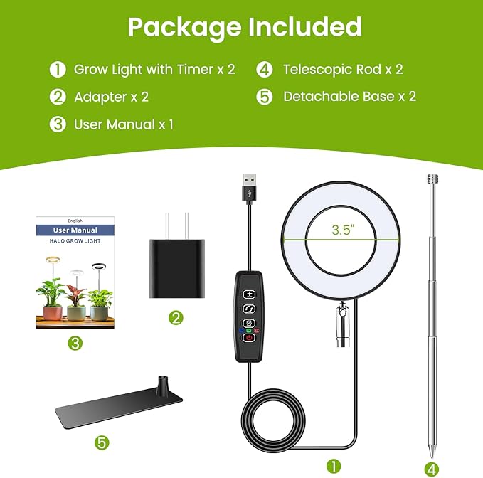Kullinss Grow Light, 48 LEDs Full Spectrum Plant Lights for Indoor Growing, Halo Plant Light with 3/9/12H Timer, 3 Color Modes, 10 Brightness, Height Adjustable Grow Lamp for Small Plants (2 Pack)