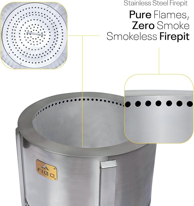 Smokeless Firepit - 18 Inch - Stainless Steel Fire Pit - Wood Fire Pits for Outside with Stand, Removable Ash Rake, Fire Poker & Fire Pit Cover - Smokeless Firepit for Outside, Bonfire, BBQ, Backyard