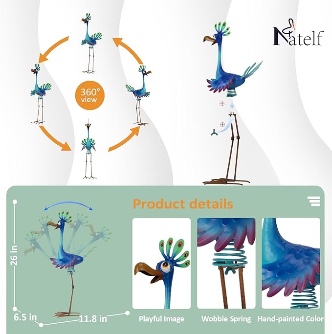 Natelf Large Peacock Statue Outdoor Metal Bird Decor Standing Metal Peacock, Garden Outdoor Sculpture for Yard Patio, Porch, Home for Women, Mom, Grandma