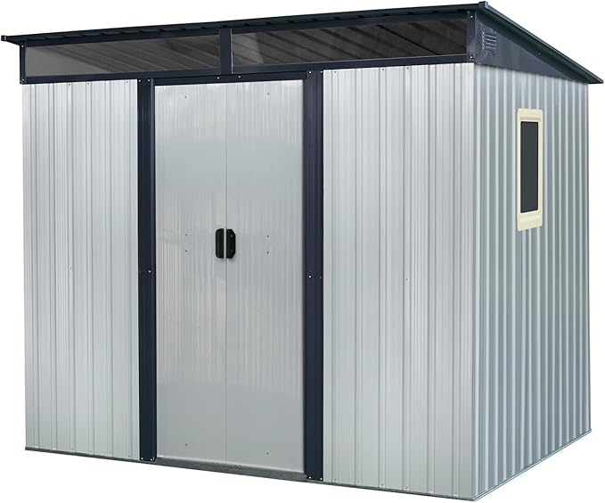 8x6 FT Outdoor Metal Storage Shed with Window, Lockable Sliding Doors and Transparent Plate - Patio Shed for Backyard, Garden, Lawn (White and Black)