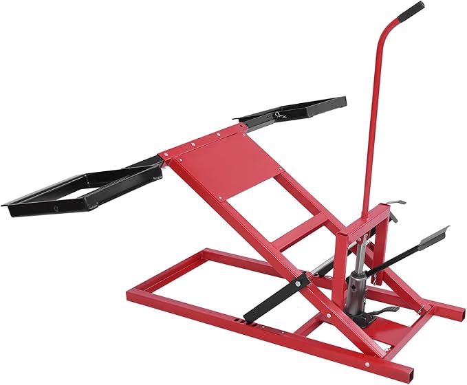 Lawn Mower Lift with Hydraulic Jack 500 Lbs Weight Capacity, Solid Carbon Steel Lawn Mower Lift, Adjustable Wheel Span Lawn Lifter for Riding Tractors and Zero Turn Lawn Mowers (Black+Red)