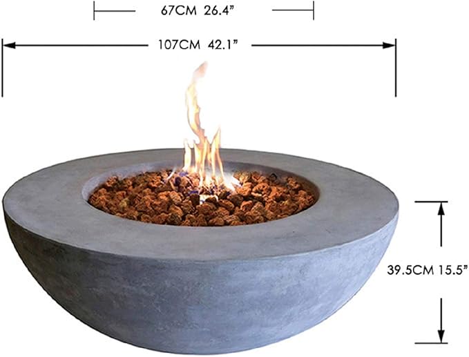 Elementi Lunar Bowl Fire Pit Bundle Outdoor Firepit Set Includes 42” Natural Gas Concrete Firepit Bowl, Glass Windscreen, Stainless Steel Cover, Canvas Cover, Lava Rocks