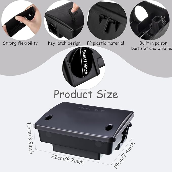 Qualirey Rat Bait Stations Large Rodent with Key Reusable Mouse Stations Mice Blocks Heavy Duty Boxes for Outdoor Rodents Mice Blocks, Bait Not Included, Black (4 Pack,8.66 x 7.5 x 3.9 Inches)