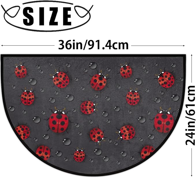 cfpolar Ladybug Half Round Door Mat - Rainy Day Cute Ladybird Black Semicircle, Non-Slip Soft Area Rug for Indoor Entrance, Wear-Resistant Welcome Mat for Garage, Patio, Home Decor - 24 x 36 in