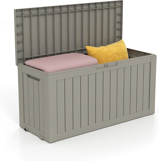 80 Gallon Coffee Resin Deck Box - Rustic Outdoor Storage for Garden Tools, Patio Essentials & Package Delivery - Weatherproof, Lockable for Farmhouse Decks