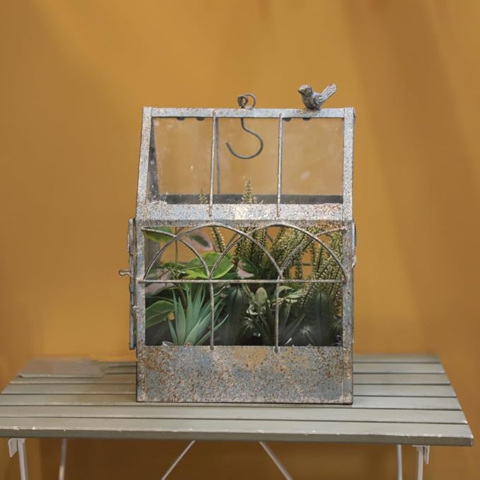 Vintage Glass Terrarium Greenhouse Large House Shape Plant Display Box Planter Container for Fern Moss Cacti Succulents Mordern Tabletop Decor Gardern DIY Kit Gift