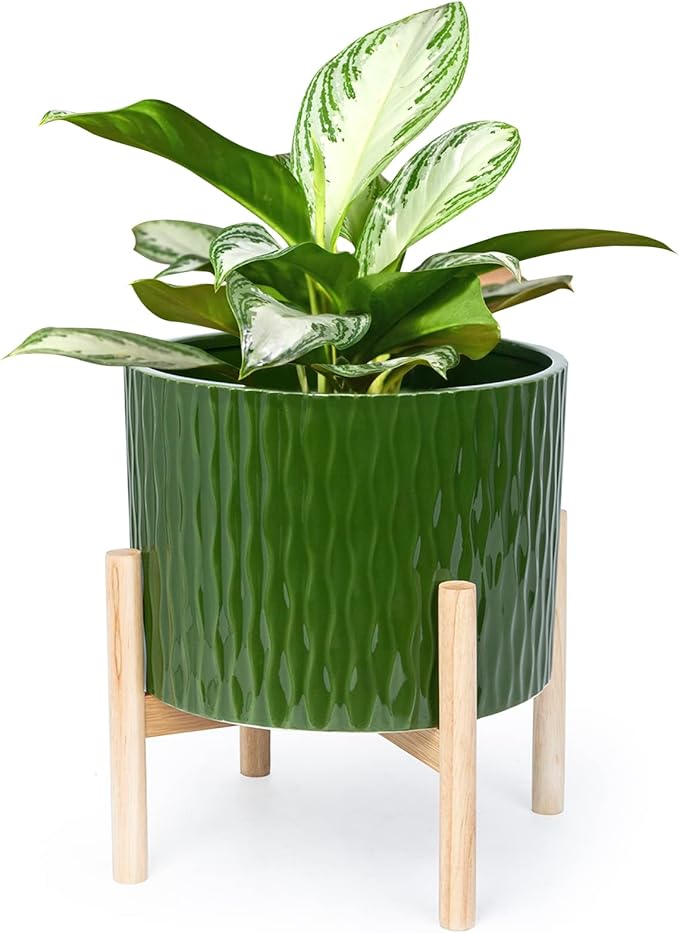LaDoVita Ceramic Plant Pot with Stand, 10 Inch Planter with Wood Shelf, Modern Round Flower Pots Indoor with Wood Planter Holder, Dark Green Water Ripple Pattern