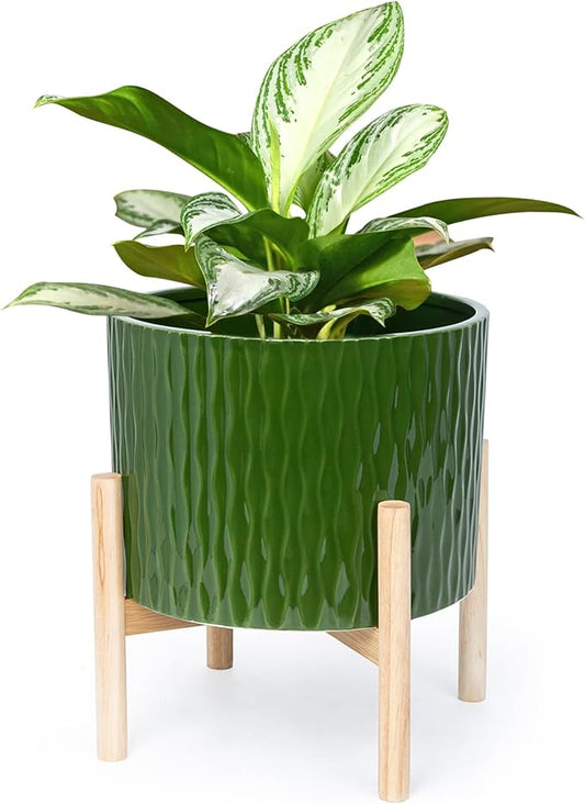 LaDoVita Ceramic Plant Pot with Stand, 10 Inch Planter with Wood Shelf, Modern Round Flower Pots Indoor with Wood Planter Holder, Dark Green Water Ripple Pattern