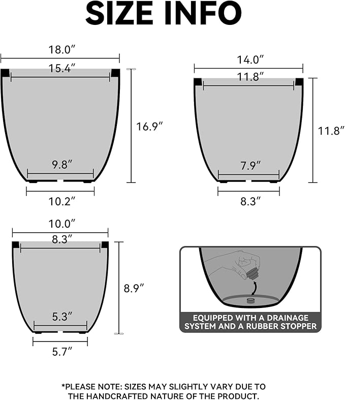 Kante 18",14",10" Dia Concrete Round Planters (Set of 3), Outdoor Indoor Large Planter Pots with Drainage Hole and Rubber Plug for Home Patio Garden, Light Gray