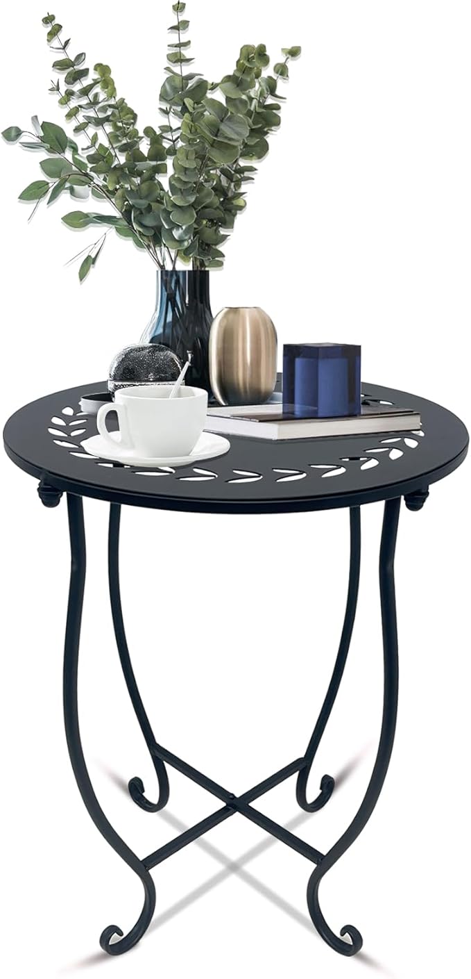 Indoor Outdoor Small Metal Round Side Table, 14 Inch Patio Coffee Bistro Table, Weather Resistant Black Metal Side Table for Patio Balcony Yard Porch Garden, Plant Stand for Indoor Outdoor Use