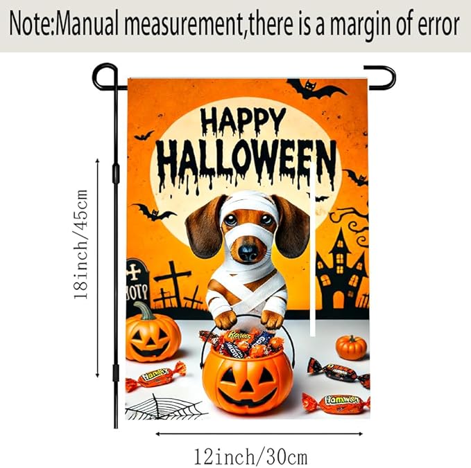 Halloween Garden Flag 11.81 x 17.72 Inch Dachshund Dog in Mummy Costume with Pumpkin Candy Bucket Full Moon and Bats Outdoor Yard Decoration for Holiday Party