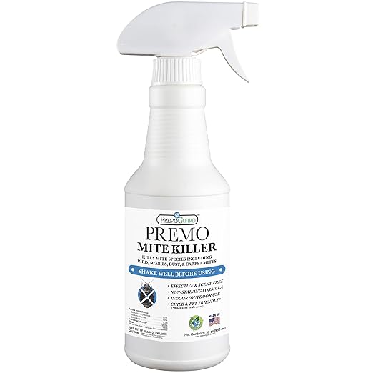 Premo Guard Mite Treatment Spray – 32 oz – Kills Dust, Scabies, Spider, Carpet, Bird, Mouse & Rat Mites in Home, on Furniture, Bedding – Natural Non-Toxic 100% Effective – Child & Pet Safe