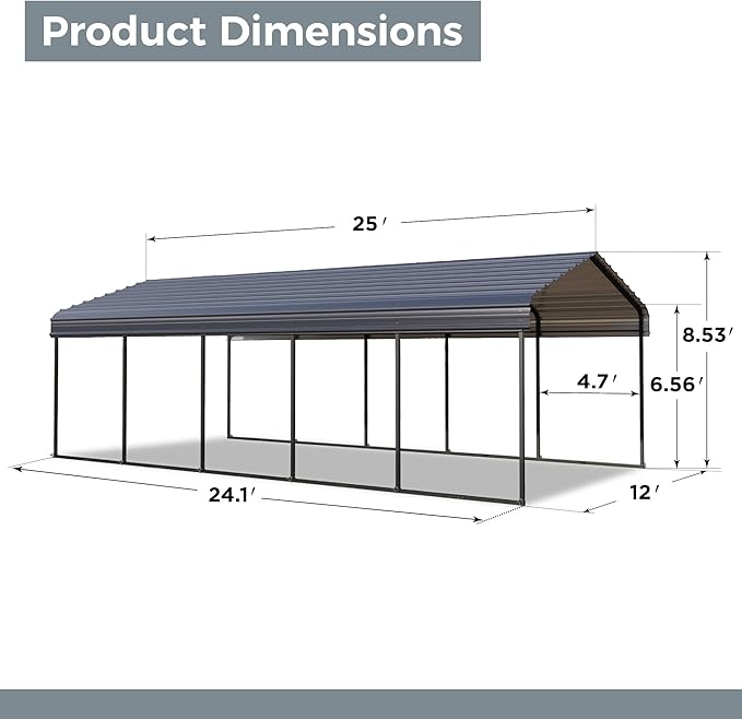 GREEN PARTY 12 x 25 ft Metal Carport Kits with Galvanized Steel Roof, Heavy Duty Metal Carport Canopy, Outdoor Car Tent Metal Garage Shelter for Car, SUV, Truck and Boats, Grey