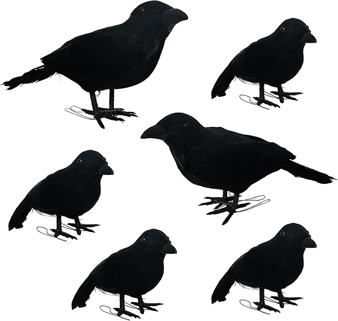 NEROSUN 6 Pack Halloween Black Feathered Crows, 5.7" & 8.7" Realistic Feathered Black Birds Raven, Halloween Decoration for Indoor Outdoor Home Yard Garden Party Decor