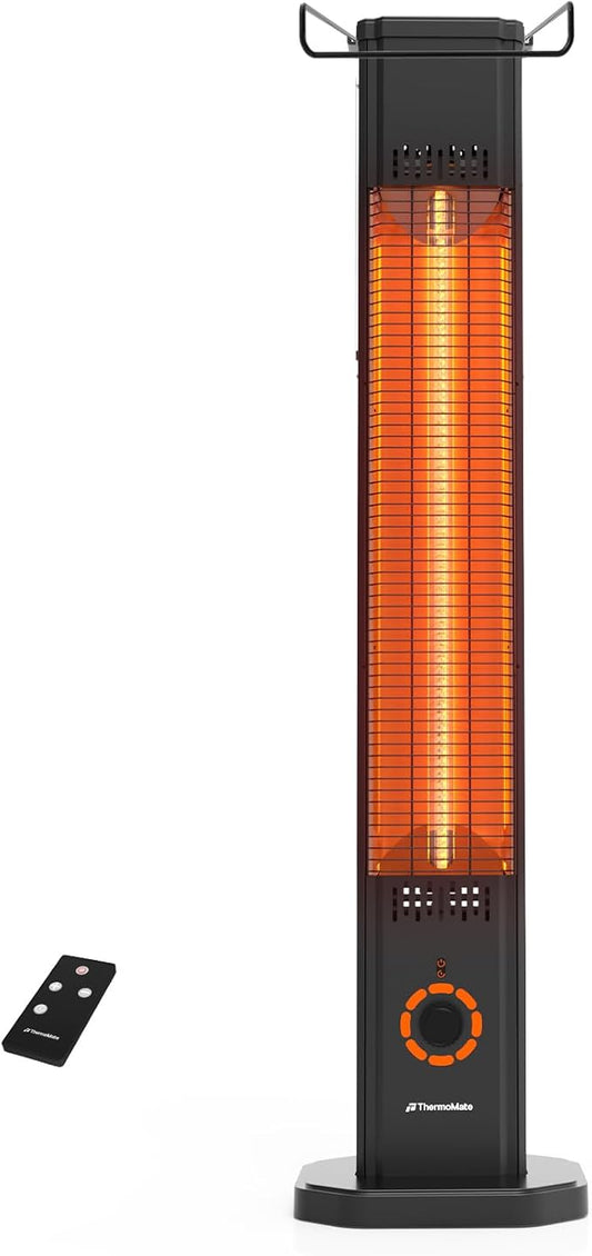 Outdoor Electric Patio Heater, ThermoMate 1500W Freestanding & Wall-mounted Infrared Heater with Remote, 8 Heat Levels, 8H Timers, Tip-Over & Overheat Protection, IP65 Waterproof Tower Space Heater