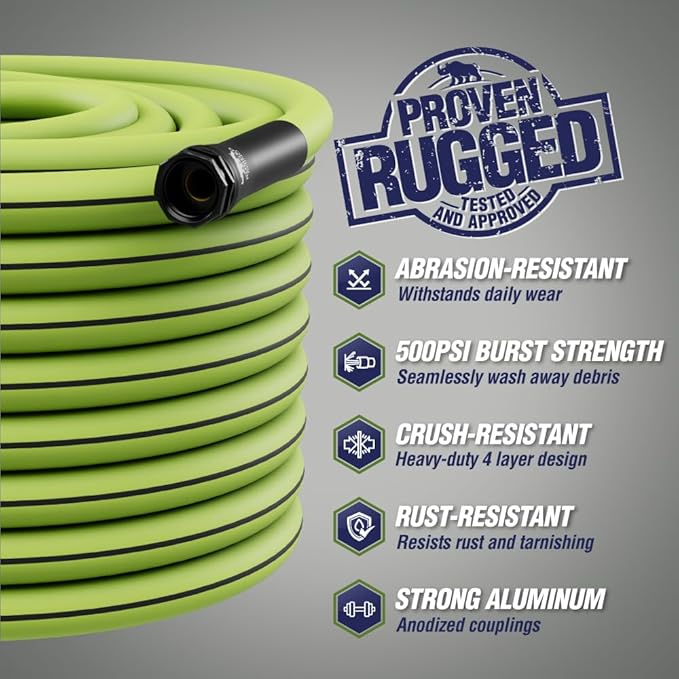 Rugged Rhino Heavy Duty Flexible Light Weight Garden Hose, 50ft x 5/8in, 4 Layer Leakproof Outdoor Gardening Tools, Watering Supplies, Powerful Water Pressure for Lawn, Flowers, Green Black