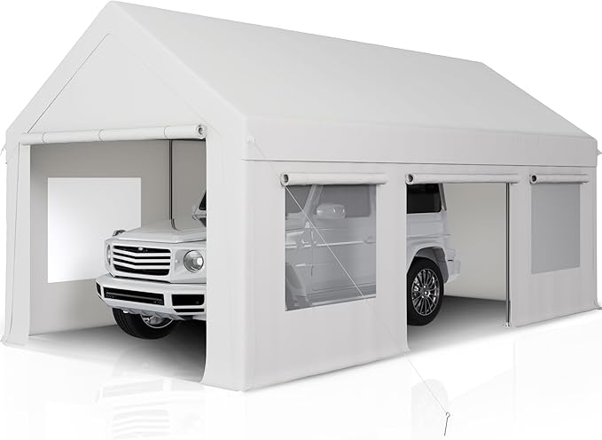 Carport 12' x 20' Heavy Duty Portable Garage, Carport Canopy with Side-Opening Door & Roll-Up Windows, Car Canopy Reinforced Four-Hole Base for Car, Truck, Boat, Party, White