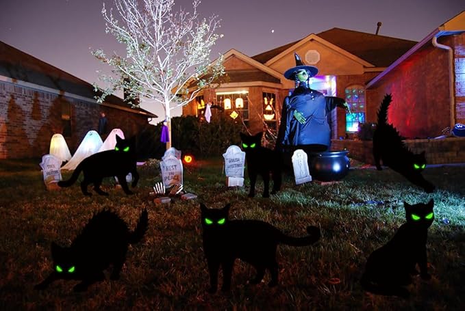 Halloween Yard Signs - 6 PCS Black Cat Decorations with Stakes for Outdoor Scary Silhouette with Glowing Eyes Waterproof Corrugated Plastic Lawn Decor