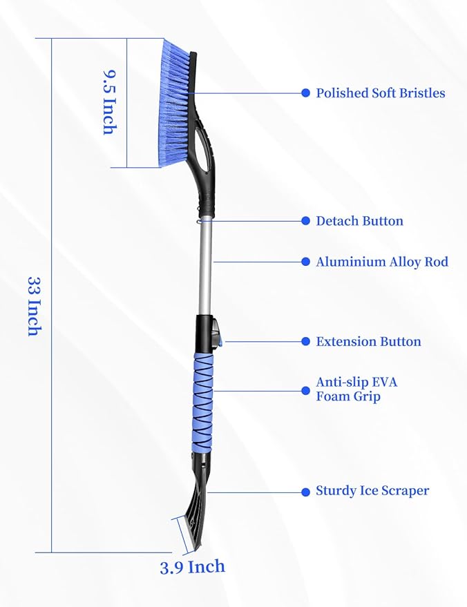 HEEYA Ice Scraper and Brush for Car, Extendable Snow Brush and Ice Scraper for Car Windshield Window, Car Snow Scraper and Brush with Foam Grip for SUV Truck Automobile Vehicle - Blue