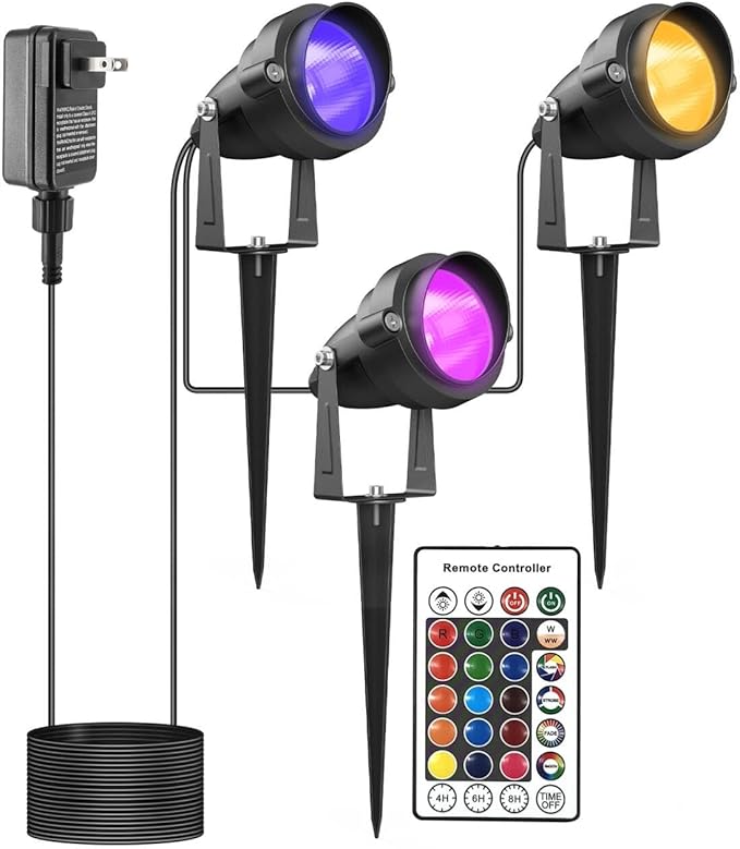 Christmas Spotlights Yard Spot Lights with Timer Colored Warm White 20W RGB Outdoor LED Landscape Light IP65 Waterproof Uplight with Spiked Stand for Lawn House Flag Pathway Porch(3 Lights)