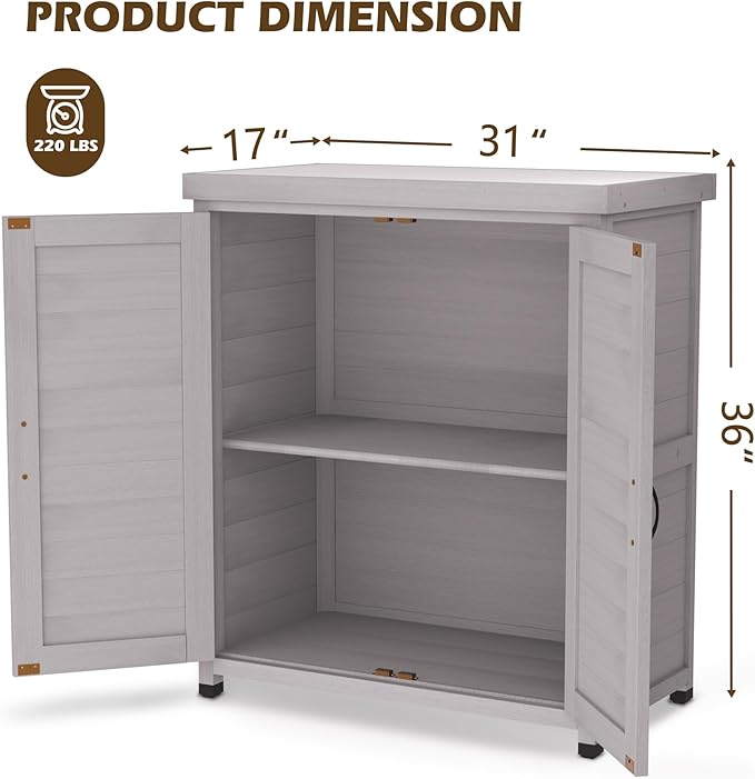 Outdoor Storage Cabinet Garden Potting Bench Table with Metal Tabletop, Solid Wood Planting Work Bench Table for Backyard Patio Lawn, 31×18×36" (Grey)