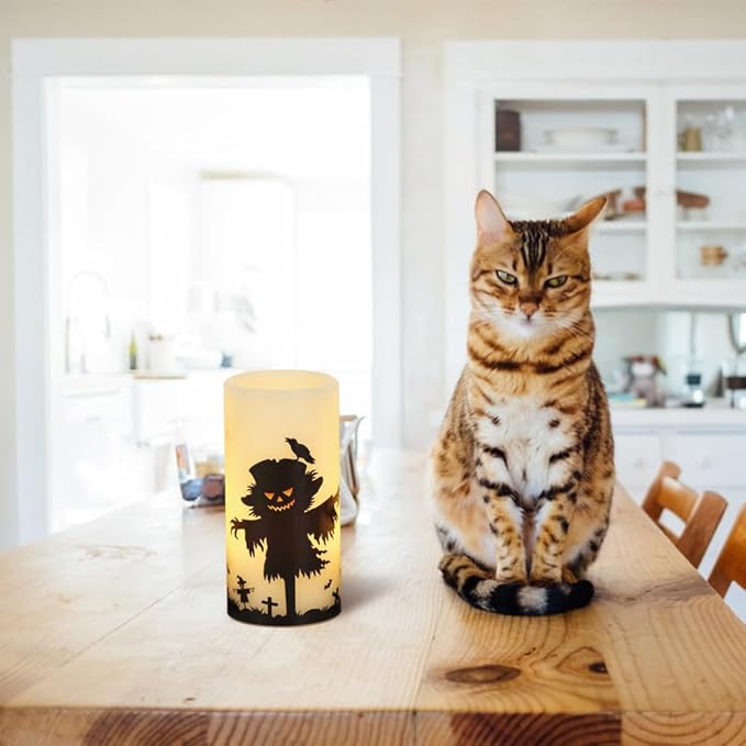 DRomance Halloween LED Flameless Pillar Candles Battery Operated Remote and Timer Real Wax Yellow Light Flickering Scarecrow Witch Ghost Hand Decals Halloween Candles Decoration Gifts(3 x 6 Inches)