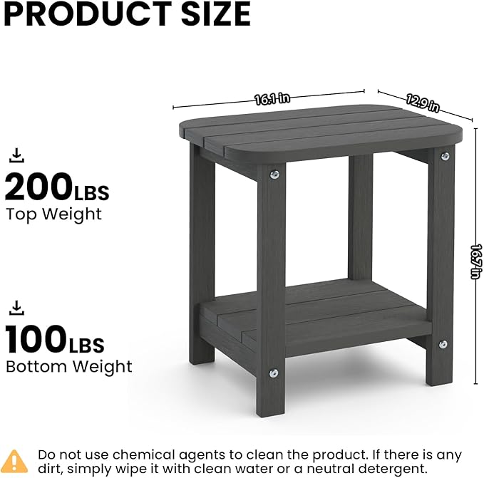 2-Tier Outdoor Side Table, 16" Adirondack Small Side Table All Weather Resistant, Patio End Table for Outside or Indoor, Patio, Yard, Pool, Porch, Garden, Grey