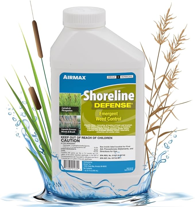 Airmax Shoreline Defense Emergent Weed Control Concentrated Treatment, Aquatic Herbicide (Glyphosate) for Phragmites, Pond Grass & Cattails, 1 Quart