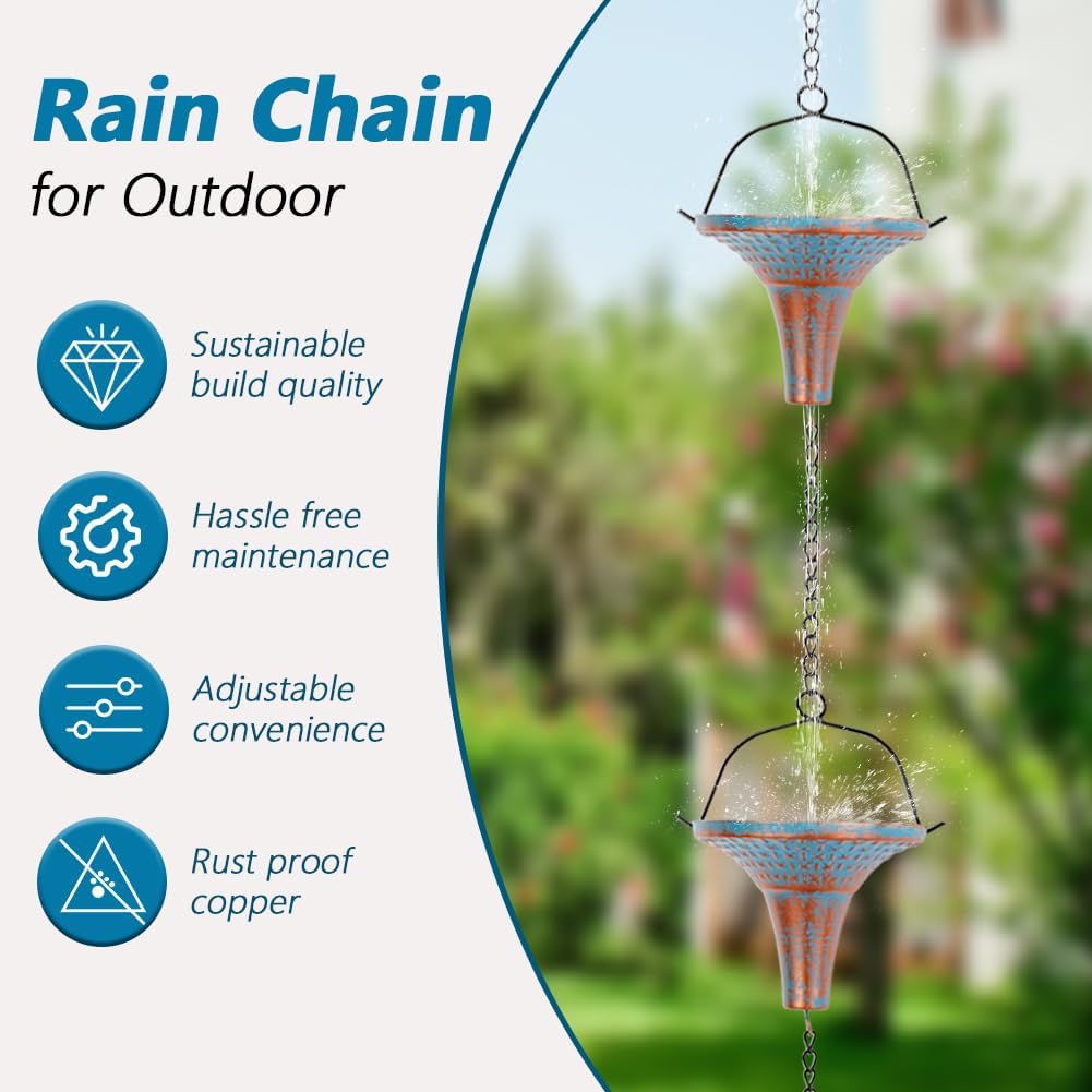 10 Ft Rain Chains for Gutters, Metal Rain Catcher Chain for Eaves Drainage, Rain Gutter Chains with 10 Blue Funnel Cups, Adjustable Rain Chain for Outdoor Decor