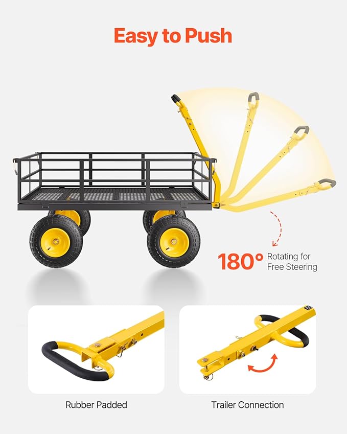 VEVOR 1200 Lbs Steel Garden Cart, Heavy Duty Pullable Garden Wagon Yard Cart, 2 in 1 Outdoor Metal Utility Wagon Yard Trailer with 13" All Terrain Tires, Mesh Removable Sides and 180°Rotating Handle