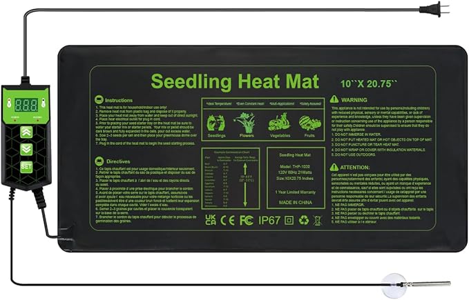 Seedling Heat Mat 10X20.75`` with Thermostat Durable Waterproof Warm Hydroponic Plant Heating Pad with Temperature Control Auto Off Timer for Seed Starting Germination Plant Propagation (1 Heat Pad)