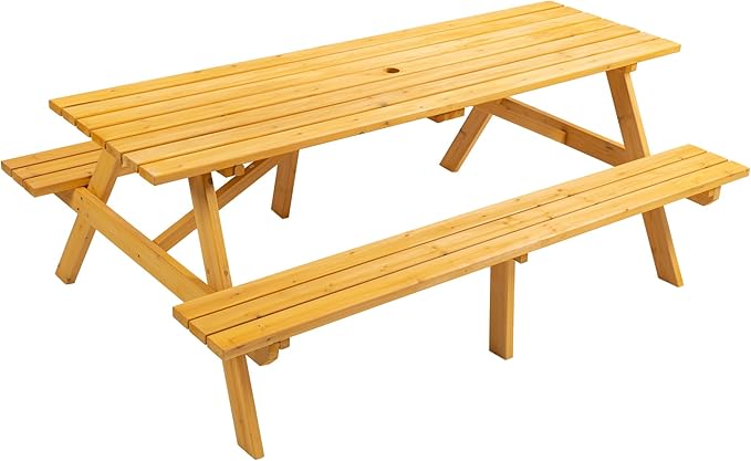8-Person Wooden Picnic Table with 2 Built-In Benches, 75"L x 50"W Outdoor Dining Table, 2220lb Capacity Includes Umbrella Hole & Weather-Resistant Finish, Perfect for Backyard, Camping, Yellow