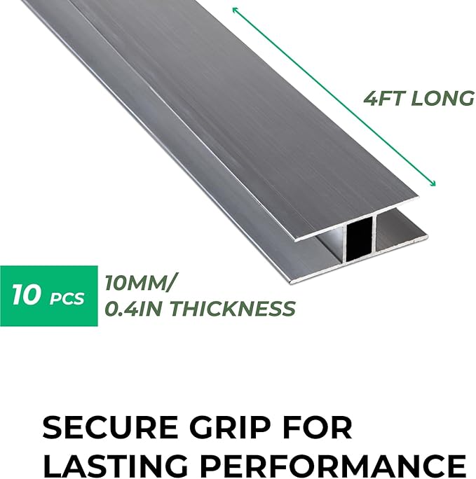 Aluminum H Connectors - Fits 4mm, 6mm, 8mm, or 10mm Twin-Wall Greenhouse Panels, Join 2 Pieces of Panels Together, 4-Foot Length, 10 Pieces (10mm Aluminum H Connectors - 4ft)