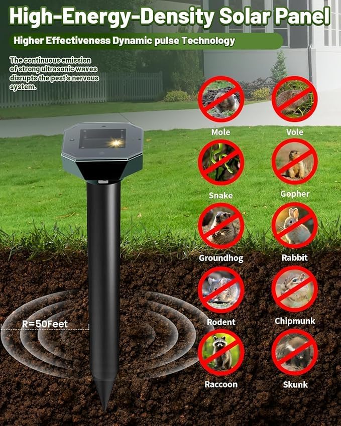 Snake & Mole & Rabbit & Skunk Repellent Solar Powered, 2025 Upgraded Ultrasonic Deterrent, IP65 Waterproof, Gopher Groundhog Chipmunk Raccoon and Vole Repellent & Deterrent for Lawn & Garden, 4 Pack