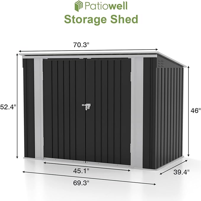 Patiowell 6 x 3 FT Horizontal Metal Shed, Outdoor Storage Shed with Double Lockable Doors and Easy Lift Hinges for Trash Cans, Garden Tools and Pool Accessories, Sloping Roof for Backyard Garden Lawn